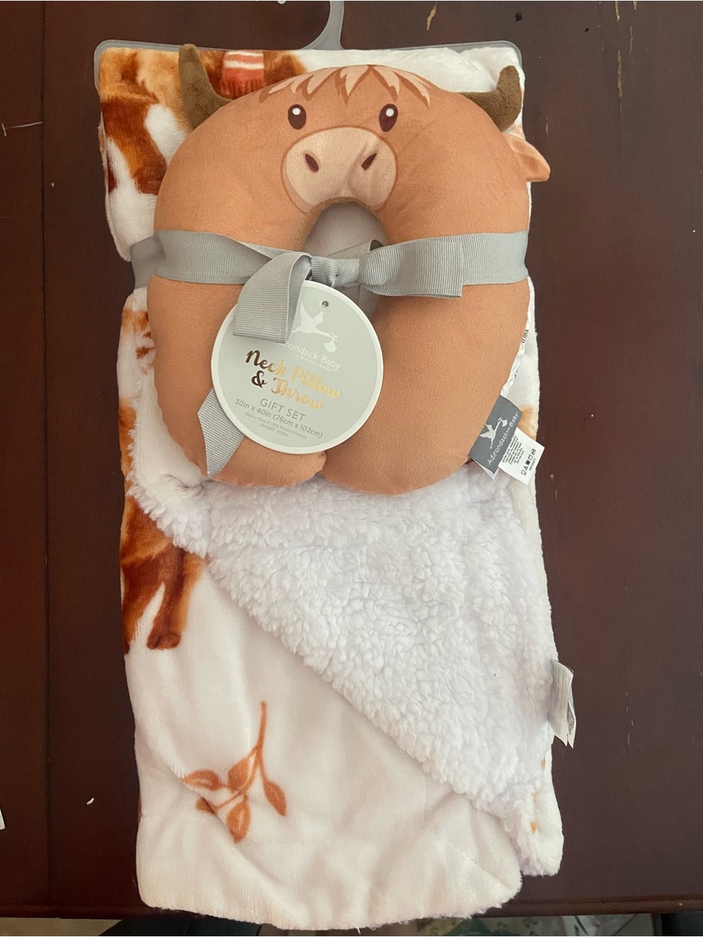 Plush Tan Animal Neck Pillow & White Sherpa Blanket Gift Set